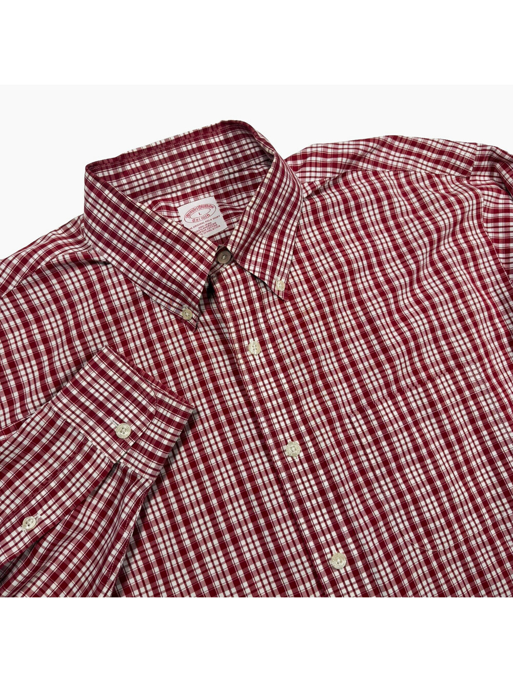 Brooks Brothers Men’s L Red White Plaid Button-Down Long Sleeve Cotton Non-Iron